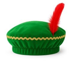 Fluwelen Pietenmuts - Sinterklaas Pieten Barrett - One-Size - Gouden Bies & Veer - Groen