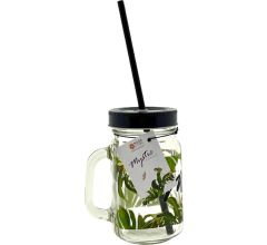 Drinkglas met handvat en deksel + rietje Mystic Jungle - 400 ml - 4 Stuks