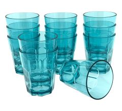 12 Kunststof Drinkglazen - 390ml - Blauw Transparant - BPA Vrij - 9x9x11cm