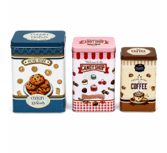 Set van 3 Metalen Voorraadblikken - Koekjes, Snoep & Koffie - Retro Keukenblikken met Deksel - Smal