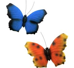 3D vlinders muur/tuin decoratie - Polyresin - set van 2 - Blauw &amp; Oranje - 16 x 19 x 4.5 cm