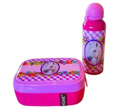 Paarden lunchbox broodtrommel met drinkfles  voor kinderen - Roze  - 16 x 12 x 6 cm