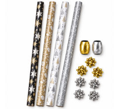 Benza Kerst Inpakset – 4 Rollen Cadeaupapier 200 x 70 cm – 2 Rollen Krullint en 7 Strikken – 