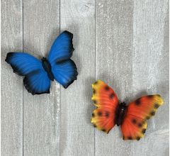 Polystone - Muurdecoratie Vlinder - Blauw &amp; Oranje - 16 x 19 x 4.5 cm - 2 Stuks