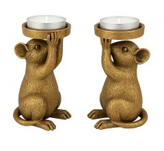 Set van 2 – Theelichthouders Muis – Goudkleurig – Polyresin – 8,6 × 6,5 × 14,5 cm per stu