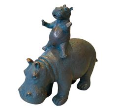 Beeldje Nijlpaard met bay op de rug - Hippo - Bruin/Grijs - 25x10x22 cm