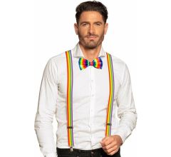 Set van verstelbare bretels en vlinderdas in regenboogkleuren