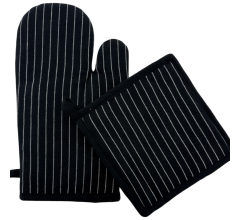 Ovenwant & Pannenlap Set – 100% BCI Katoen – Zwart met Witte Strepen – Hittebestendig tot 250