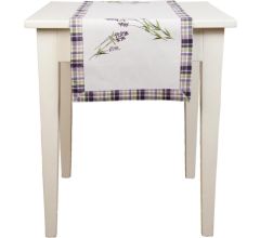 Clayre & Eef - Tafelloper - Geborduurde lavendel en geruite rand - Aubergine - 40 x 120 cm