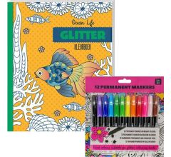 Glitter kleurboek Voor Volwassenen - Ocean Life - Inclusief 12 Kleurstiften In Heldere Kleuren