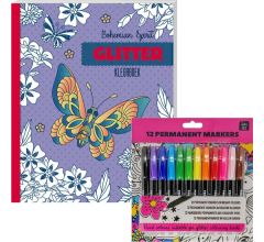 Glitter kleurboek Voor Volwassenen - Bohemian Spirit - Inclusief 12 Kleurstiften In Heldere Kleuren