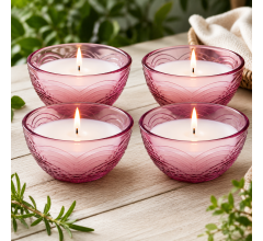 Citronellakaarsen Set van 4 - Roze Glazen Kom 9 x 9 x 5 cm - 110 g Wax per Kaars - 3% Citronella - 