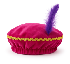 Fluwelen Pietenmuts - Sinterklaas Pieten Barrett - One-Size - Gouden Bies & Veer - Roze