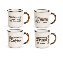 4 Koffiebekers Steengoed - 200 ml - Set van 4 Mokjes met Koffietekst - Metallic Glazuur - Ø 7,7 x 