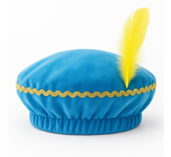 Fluwelen Pietenmuts - Sinterklaas Pieten Barrett - One-Size - Gouden Bies & Veer - Blauw