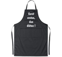 Eerst vreten, dan diëten - Luxe Keukenschort met tekst - Zwart