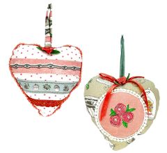 Katoenen Decoratie hart 13 x 13 x 5 cm rose - 2 Stuks