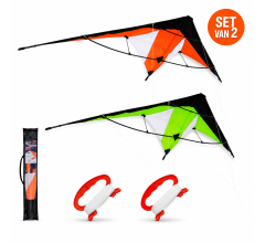 Stuntvlieger Set van 2 – Dual Line Vliegers 120 x 50 cm – Inclusief 30 m Lijnen, Handgrepen & O