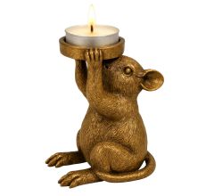 Theelichthouder Muis – Goudkleurig – Polyresin – 8,6 × 6,5 × 14,5 cm – Sfeervolle Tealigh