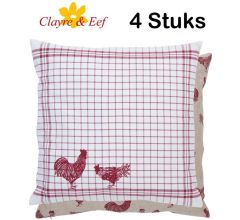 Kussenhoes - 40 x 40 cm - Landelijk - geruit - Kippen &amp; Hanen - Country Side Chicken - 4 Stuks