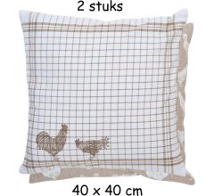 Clayre & Eef - Sierkussenhoes kussenhoes - textielserie Landelijk - geruit - Kippen & Hanen - 40 x 