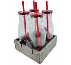 Drinkfles - Melkfles - Met Rietje - 4 Stuks in Houten Bakje - 420Ml